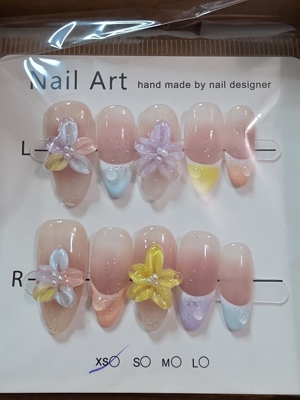 Handmade Kids Press-On Nail Set with Pastel Flower Accents - Nude & Pastel